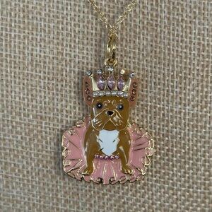 Gold and Pink French Bulldog Crown Pendant Necklace